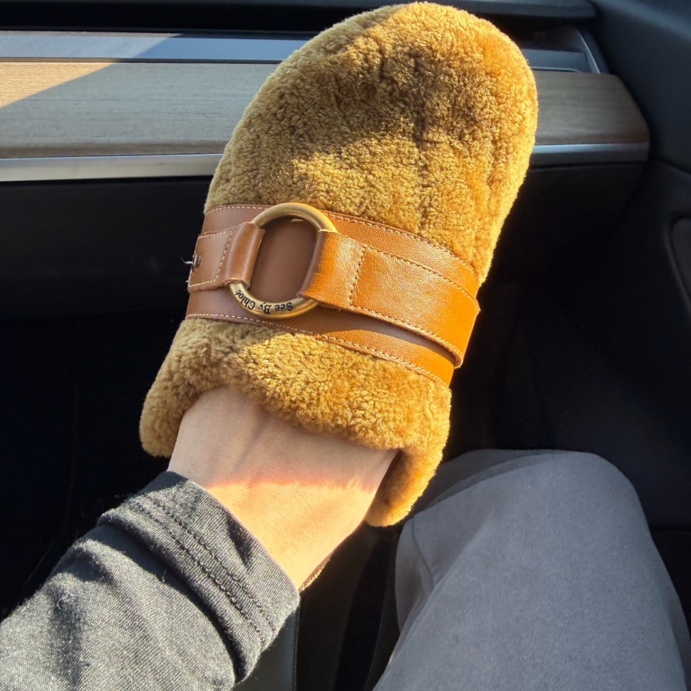 Chloe Tan Shearling Mules